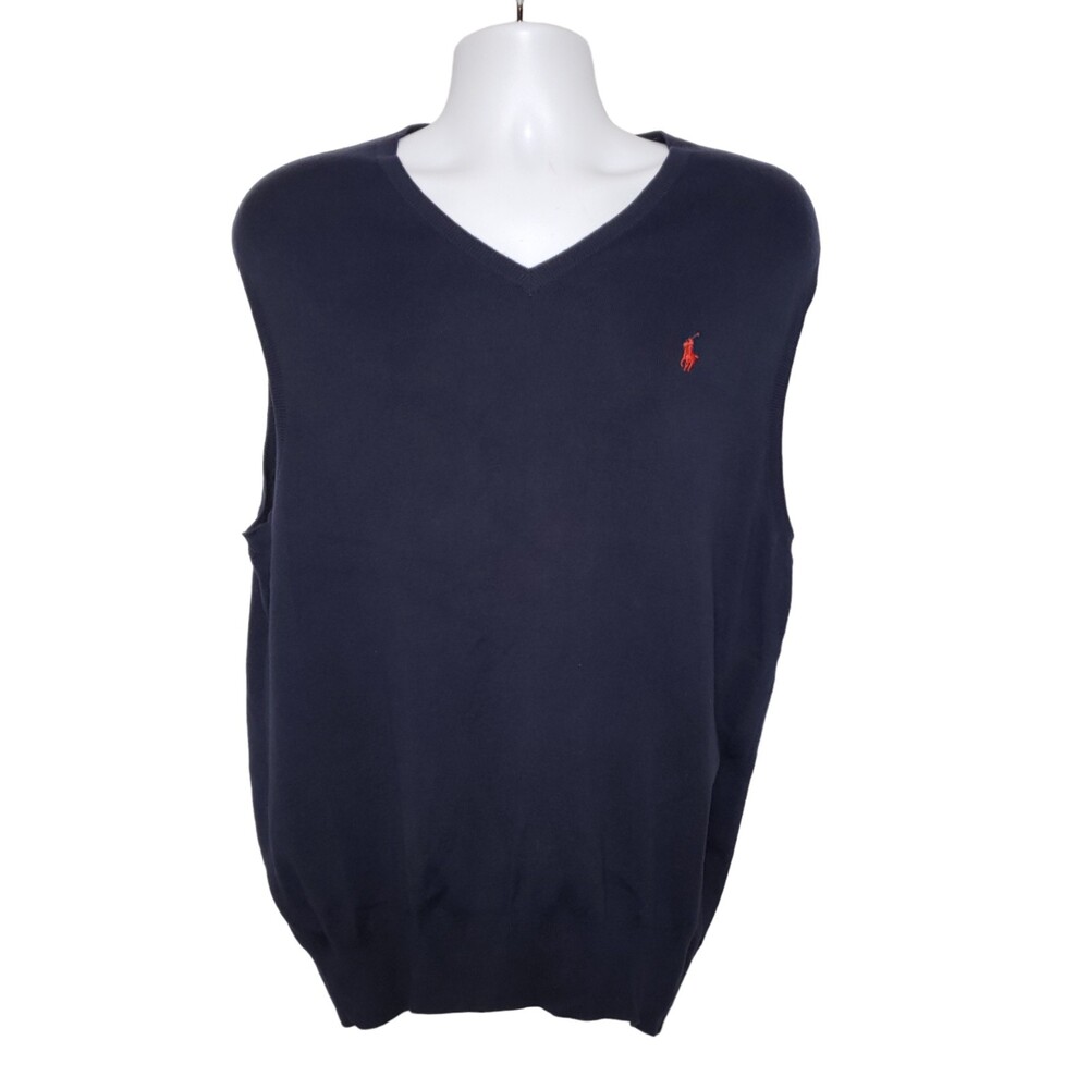 Polo By Ralph Lauren Navy Blue Pima Cotton V Neck Sweater Vest Size XL